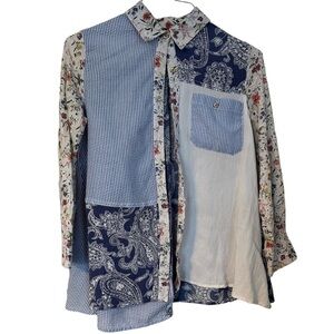 Calessa Mixed Media Eyelet Sleeves Blouse Blue & White S